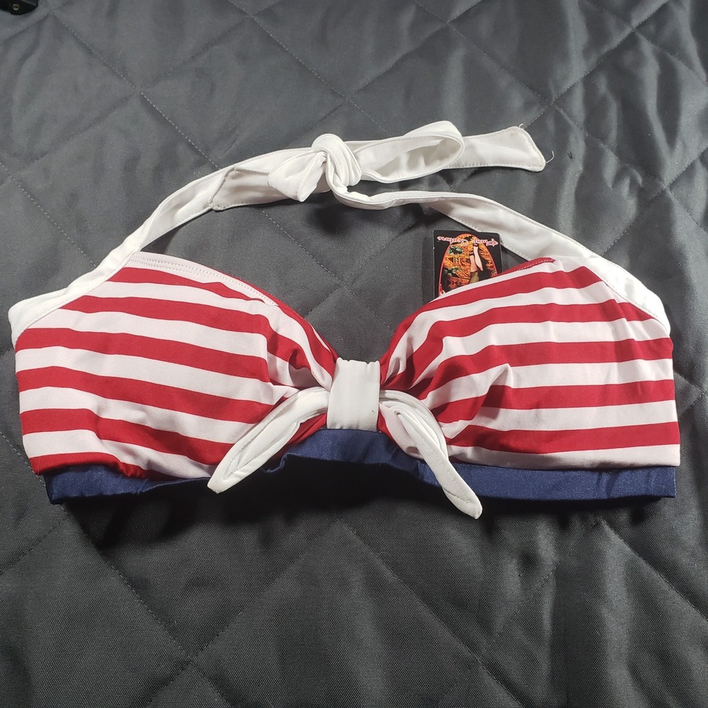 Pinup Couture Red White Striped Navy Blue Halter Bikini Top NWT Large Retro